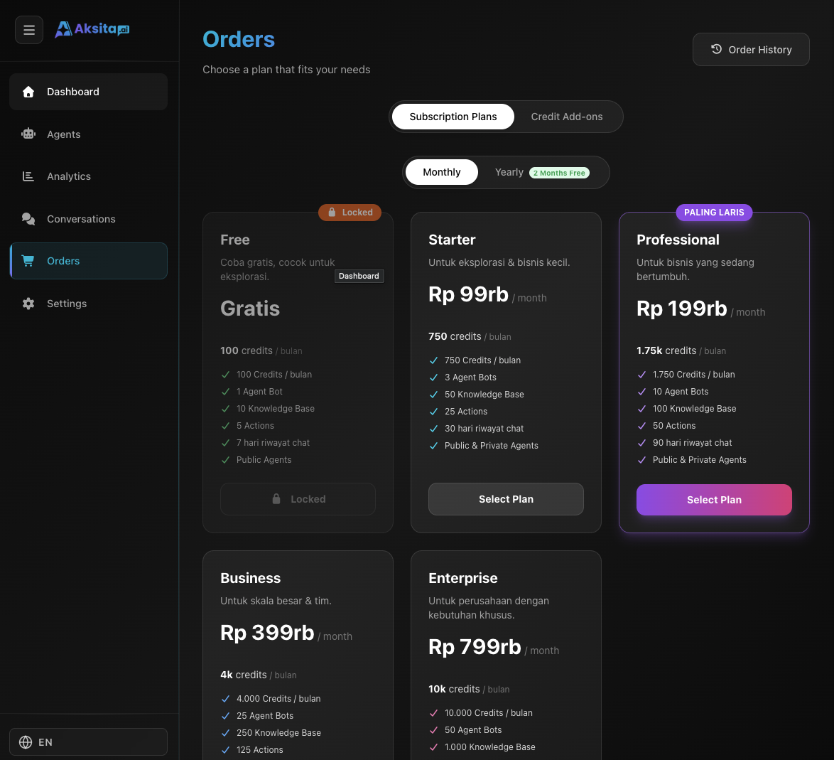 Dashboard Orders Aksita.ai - Halaman Paket dan Top Up Credits